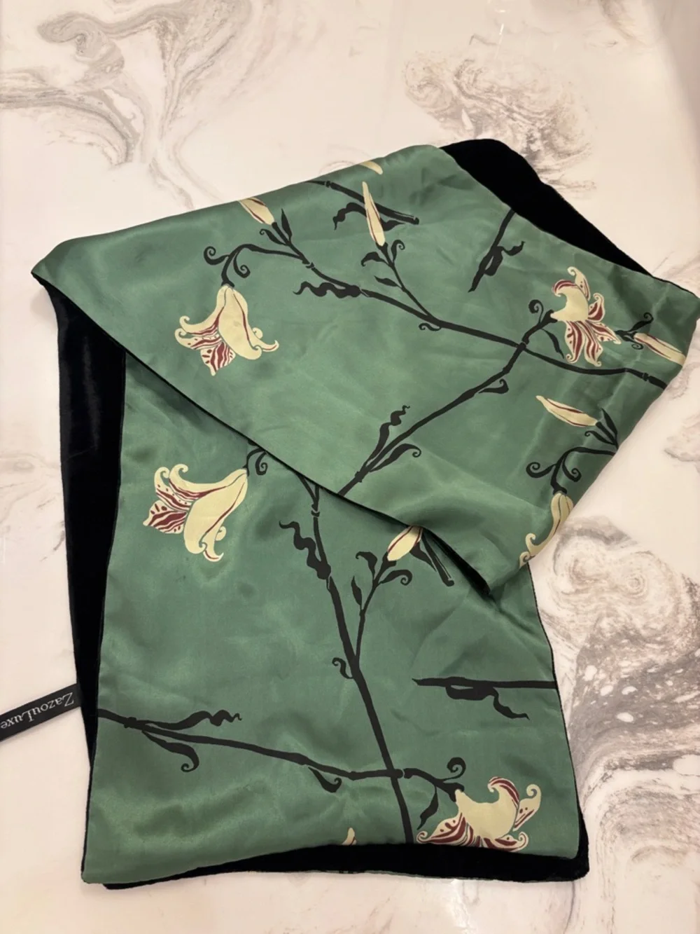 Silk Velvet Orchid Print Scarf Green Red Black Reversible